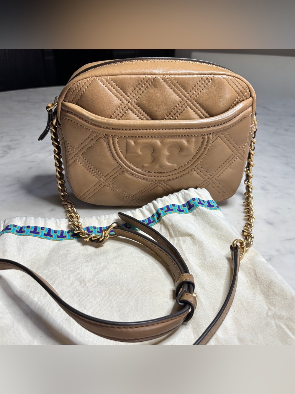 Tory Burch Fleming Quilted Leather Crossbody Bag in Camel Brown with Gold Chain